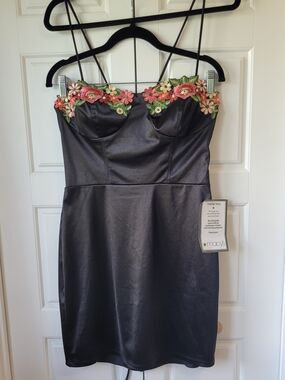 063 - Speechless Black Satin Floral Bustier Slip Dress NWT (Minor Flaw)